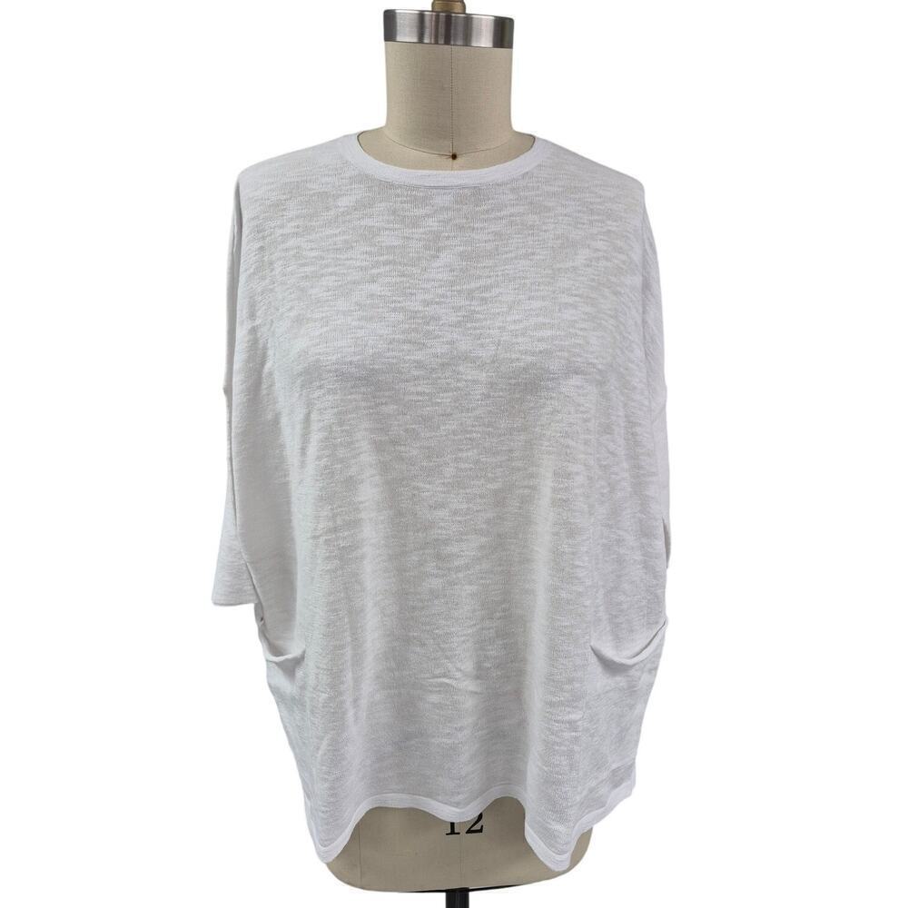 NWT J Jill White Cotton/Linen T Shirt 3/4 Sleeves  Pockets Sz L
